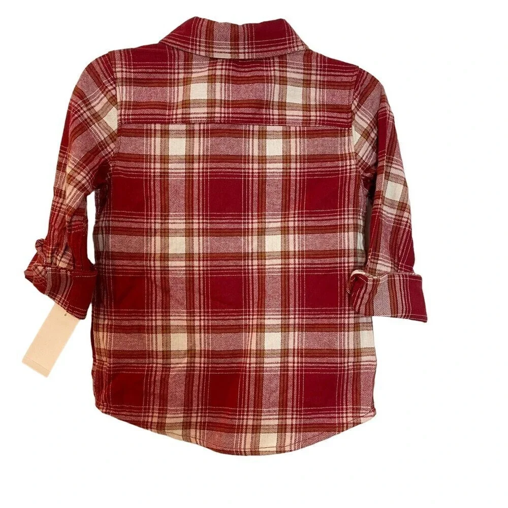 New OSHKOSH B'GOSH Kid's Cozy Flannel Button-Front Checked Shirt in Red size 5.